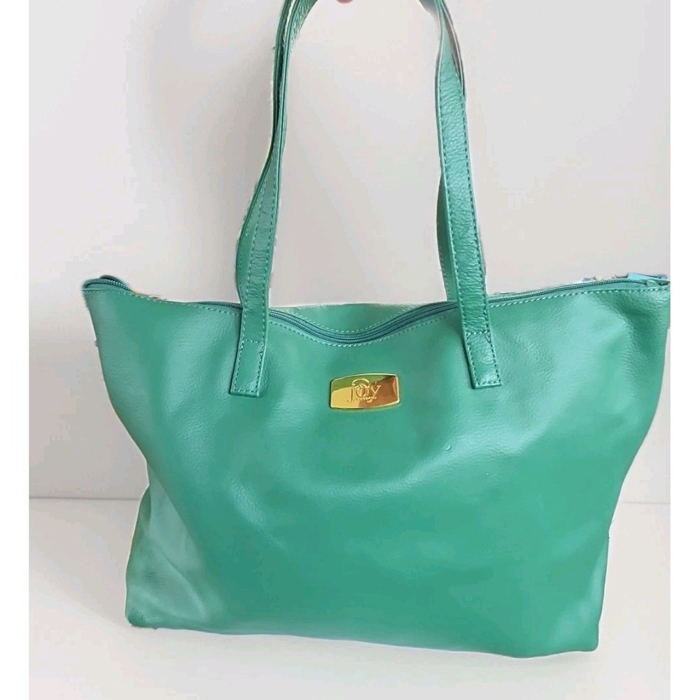 Joy Mangano Green Pebbled Tote Bag Zip Closure Gold Hardware Women's Wristlet